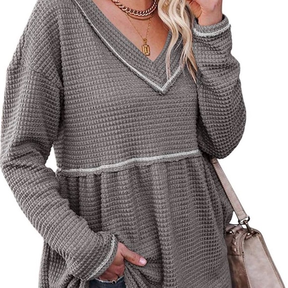 Tops - Cozy Boho Waffle Knit V-Neck Babydoll Top XL Long Sleeve Gray Cozy Soft Girl